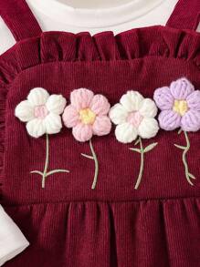 SHEIN Vintaside Kids 2pcs Baby Hooded Jumpsuit, Corduroy Embroidered 3D Floral Design Baby Girl Corduroy Overalls Baby Girl Flower Outfit Baby Girl Fall Outfit Baby Girl Winter Outfit Newborn Outfits For Girls