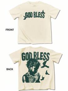 Manfinity EMRG Men's Summer Letter & Figure Print Round Neck Short Sleeve Casual T-Shirt God Bless T Shirt Beige Graphic Tee Christian Graphic Tees - Khaki - View 3