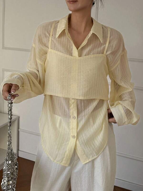 DAZY 2pcs Women Striped Loose Shirt And Camisole Set, Casual Blouse Long Sleeve Top