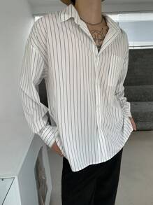 Manfinity Dauomo 男士休闲长袖单排扣口袋宽松条纹衬衫 - 彩色 - 查看 3