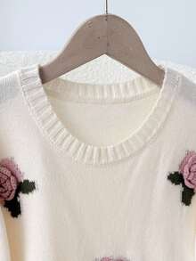 SHEIN LMoss Kids 青少年女孩休闲时尚法式百搭针织玫瑰花 3D 提花套头衫，适合周末、休闲外出、返校、万圣节、圣诞节、新年 - 米色 - 查看 5