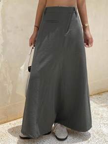 DAZY 纯色修身斜领A字长款休闲街头风女裙，春秋冬季女裙 - 灰色 - 查看 1