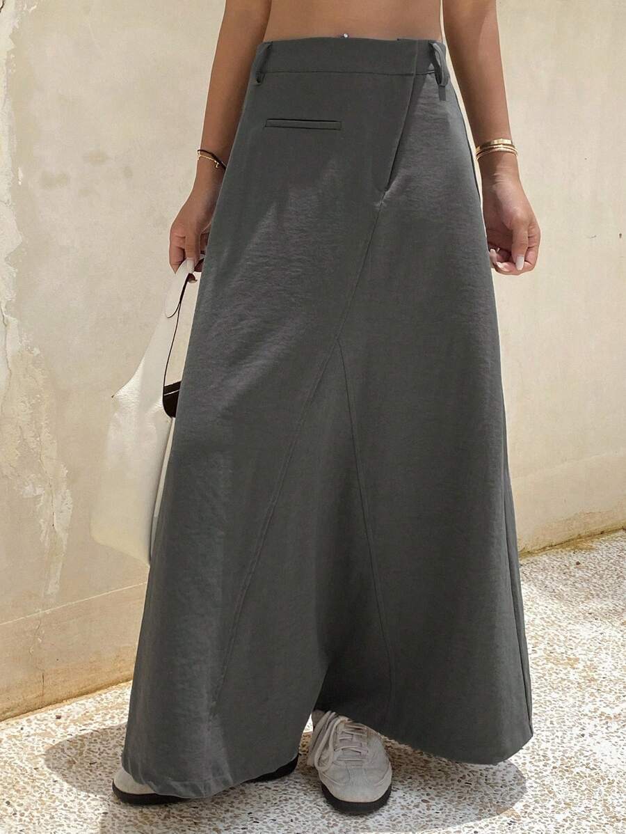 DAZY 纯色修身斜领A字长款休闲街头风女裙，春秋冬季女裙 - 灰色 - 查看 1