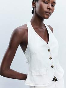 Maija ملابس علوية كاجوال أبيض للنساء بياقة حلقة وظهر مكشوف، طراز عطلة عارضة