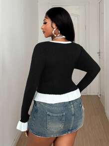 INAWLY Pullover in Große Größen für Frauen mit Kontrastfarbe, Rüschensaum und Glockenärmeln, Strickpullover für Herbst und Winter - Verschiedenfarbig - Übersicht 2