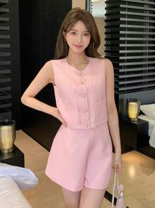 DAZY Plaid Design 2pcs/Set Women Vest And Shorts Set, Suitable For Weddings, Dates And Nights Out - Pink - View 2