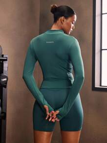 Powerista Chaqueta deportiva ajustada con cremallera y estampado de letras de manga larga para mujer