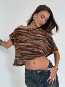 Aloruh Women's Maillard Color Faux Fur T-Shirt, One Shoulder - Brown - View 7