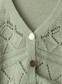 SHEIN LUNE 女士休闲纯色镂空针织开衫 - 綠色 - 查看 5