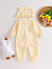 SHEIN Pelele de punto con estampado de patito y gorro con capullo de flor adorable para bebé niña - Amarillo - Ver 2