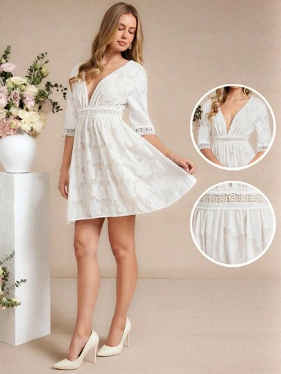 Amorya Women's New Fashionable Elegant V-Neck Embroidered White A-Line Dress Concert Outfit Summer Dresses For Women Wedding Guest Dress Women Vacation Outfits Woman Birthday Outfits For Women  Fall Clothes For Women  Wedding Guest Dress Women