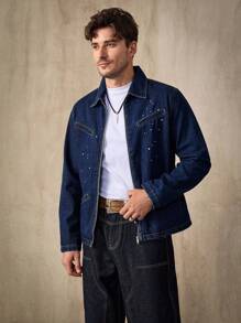 Manfinity Homme 休闲深洗蓝色修身艺术泼墨牛仔夹克，春夏 - 深色水洗藍 - 查看 2