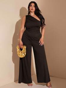SHEIN BAE Bộ đồ liền thân hở vai một bên vai, cổ lệch màu đen trơn thanh lịch dành cho kỳ nghỉ hè trên bãi biển dành cho nữ cỡ lớn, thích hợp cho hẹn hò hàng ngày, đi chơi đêm, hộp đêm, tiệc tùng, tụ tập, tiệc cocktail, tiệc hồ bơi, trang phục công sở, đồ liền thân đi làm, đồ liền thân ngày lễ - Cà phê nâu - Xem 3