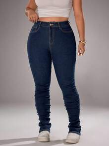 SHEIN ICON Plus Size Casual Vacation Washed Denim Jeans - Dusty Blue - View 3