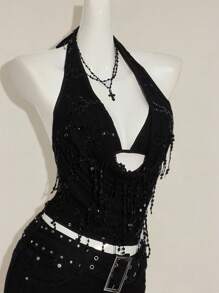 SHEIN ICON Women's Black Fringe Sequin Sheer Mesh Draped Neck Backless Crop Top Two Pieces Set Black Sequin Top - Black - View 6