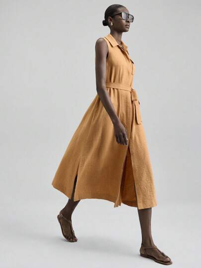 Ontre 2025 New Arrival Minimalist Sleeveless Midi Dress, Casual Shirt Dress, Urban Chic Style, Yellow-Brown Color, Suitable For Back To School, Business Casual, Commuting, Autumn Bohemian Style Vacation Wear, Summer Ins Celebrity Same Style Vacation Style, Exotic Atmosphere, Country Concert, Western Style Clothing, High-Grade Fabric, Comfortable And Breathable Modern Urban Casual Fashion Business Casual Women's Office Wear Low-Key Old Money Style Effortless Temperament High-End Urban Commuting High-Qu