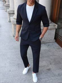 Manfinity Bizformal Traje de blazer y pantalones de cuello de solapa liso de manga 3/4 para hombre - Azul Marino - Ver 5