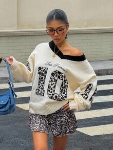 SHEIN 少女休闲黑白撞色美式复古学院情人节 V 领黑白心形印花套头衫，简约时尚休闲日常穿着，返校 - 黑與白 - 查看 7