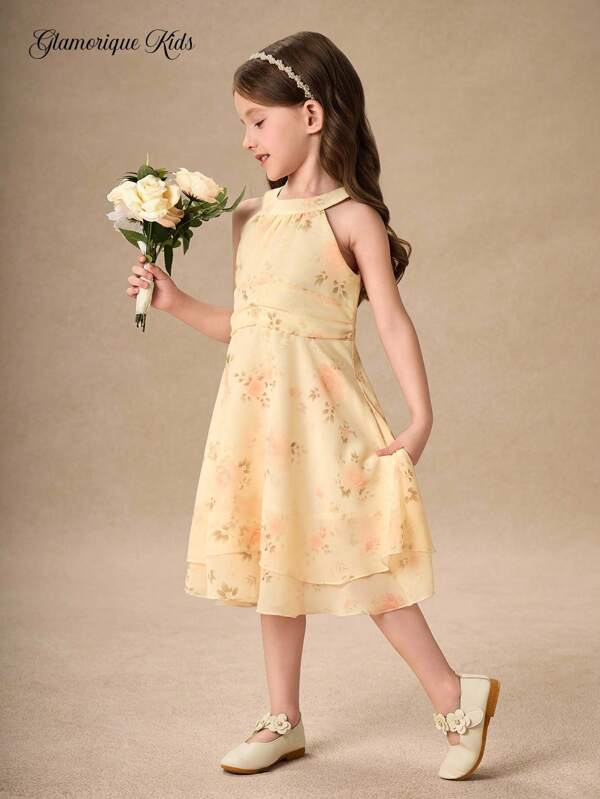 Glamorique Kids Young Girl Apricot Sleeveless Sweet Dress, Suitable For Party And Various Occasions, Showing Cute And Elegant