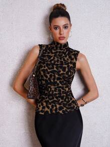 Lavishia Leopard Print Mock Neck Bodycon Tank Top For Women