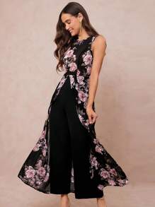 Amorya Women's Summer Elegant Floral Printed Splice High Slit Sleeveless Jumpsuit Fall/Winter Women Clothes Back To School Modest Vintage Old Money Teacher Outfits For Women Airport