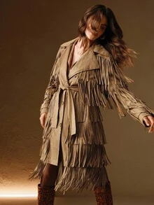 Anewsta 女式纯色翻领长袖流苏设计时尚夹克 - 駝色 - 查看 6