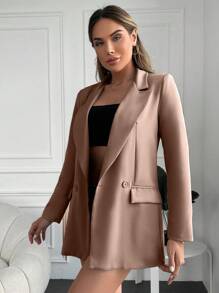 SHEIN Cottnline Lapel Collar Double Breasted Blazer - Khaki - View 4