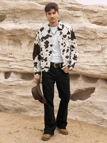 RivetRise Men's Asymmetrical Cow Print Denim Jacket, Fashionable Casual Outerwear , Fall