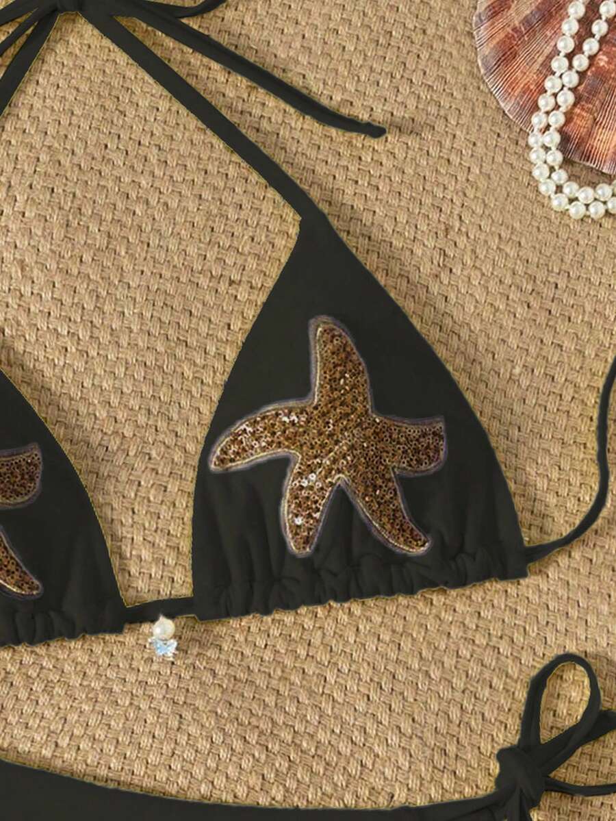 SHEIN Unity Bộ đồ bơi bikini gợi cảm họa tiết sao biển dành cho nữ, thích hợp đi biển, đi nghỉ, hẹn hò, tiệc tùng vào mùa hè - màu đen - Xem 1