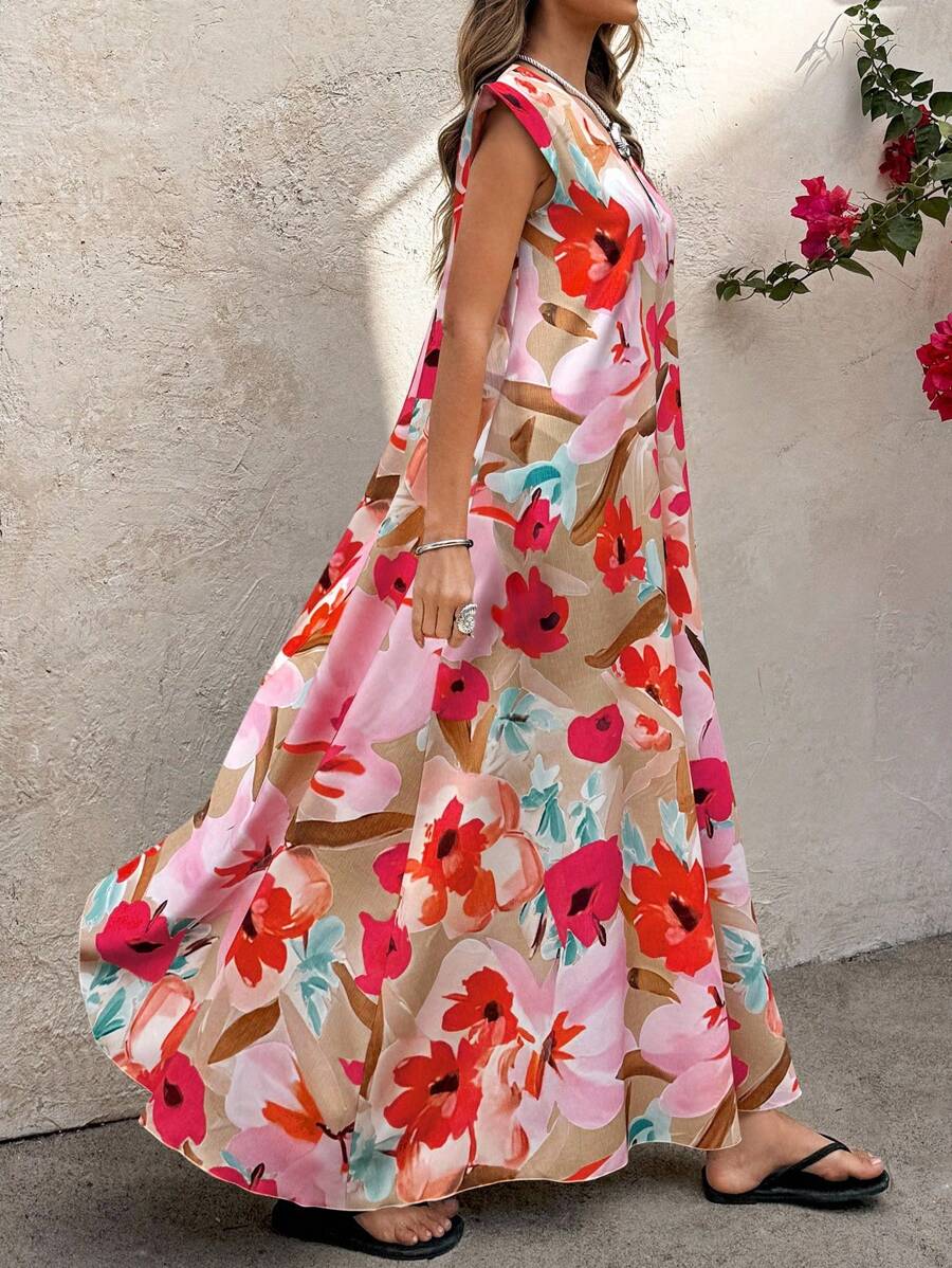 Lyxana Women's Retro Patterned Extra Long Dressfall Clothes Fall Clothes - Multicolor - View 1