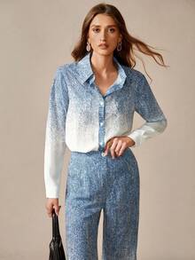 SHEIN Unity Damen Frühling/Herbst Boho Lässiges Denim Farbverlauf Hemd und hohe Taille Weite Schlaghose 2 Stücke Set - Blau-Weiß - Übersicht 6