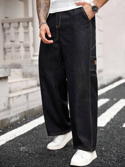 Manfinity Homme Plus Size Men's Street Fashion Casual Multi-Pocket Cargo Black Denim Jeans