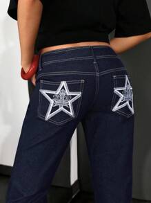 Jeanoix Women's Y2K Star Embroidered Low Waist Flare Jeans