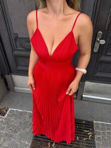 Jeta Ari Đầm hở lưng màu trơn thanh lịch gợi cảm cho nữ - Đỏ - Xem 3