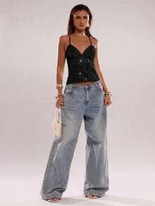 SHEIN BAE 女士夏季亮片花卉精致优雅吊带背心 - 黑色 - 查看 6