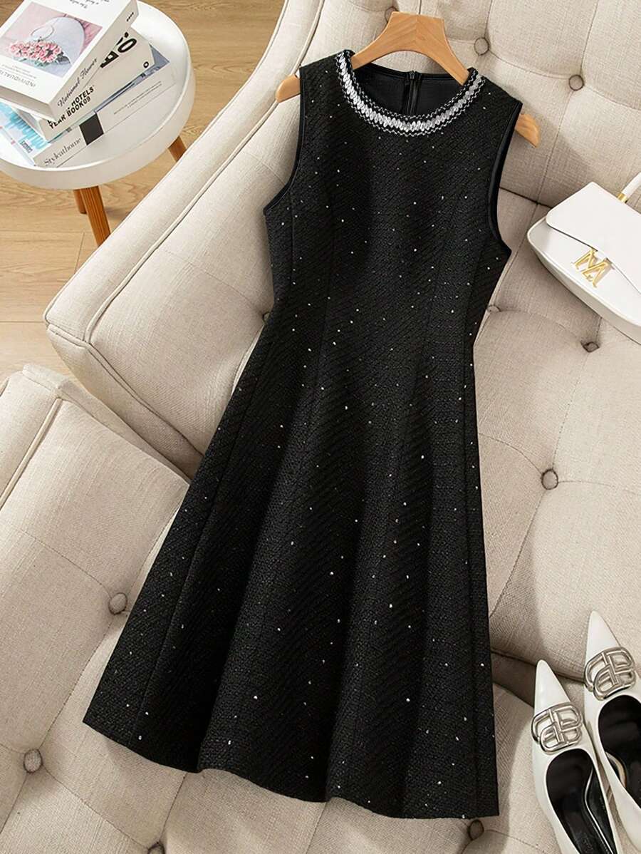 GlowEve Women's Elegant Sleeveless Knee-Length Patchwork Ribbon Trim Dress - Black - View 1