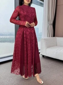 Modelyn 女式花卉蕾丝领长袖褶边优雅连衣裙 - 酒紅色 - 查看 6