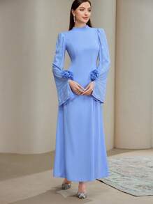 Veilorie 女式纯色立领3D花卉装饰长袖优雅连衣裙