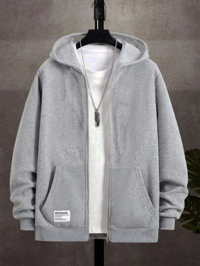 SHEIN 青少年男孩超大号灰色图案拉链夹克，休闲学院风格，舒适时尚实用百搭柔软面料，适合日常穿着、上学、旅行、户外活动、所有季节、秋冬季