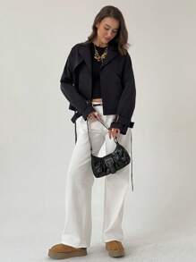 Aloruh Damen Einfarbiger Kragen Raglan Ärmel Doppelreiher Lässig Trenchcoat für Herbst/Winter