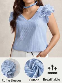 Zelara 大码女式夏季条纹 V 领盖袖宽松休闲衬衫、返校服、女式可爱上衣、女式教师装、女式机场装、简约时尚、通勤简约办公室老款衬衫、休闲日常穿着、适合日常穿着、优雅个性化派对、优雅时尚通勤、优雅衬衫、女式衬衫、适合春夏秋