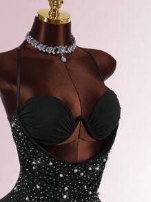Amplova Đầm ôm sát cổ khoét sâu đính hạt và đá Rhinestone - màu đen - Xem 7