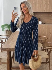 SHEIN LUNE Women's Navy Blue Polka Dot Short Dress,Elegant Autumn Casual Everyday Work Dresses For Women,Office Outfits,Birthday Modest Autumn Winter Clothes - Navy Blue - View 7