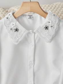 Áo sơ mi trơn màu đơn giản, ve áo đơn hàng khuy thông thường dành cho bé gái tuổi mới lớn - trắng - Xem 9