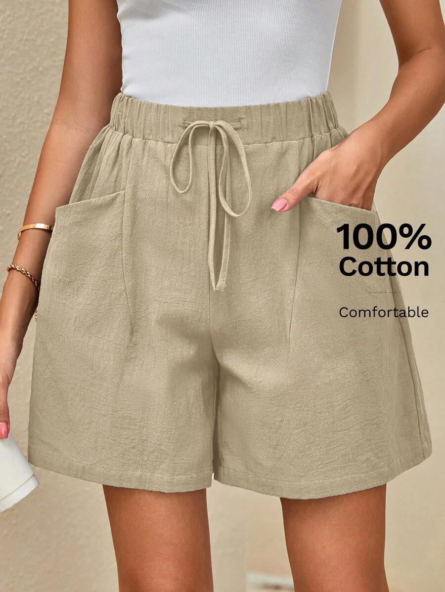 SHEIN LUNE Women Solid Color High Waist Drawstring Double Pocket Loose Casual Shorts