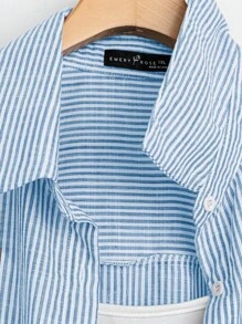 EMERY ROSE 大码长袖休闲条纹衬衫，秋季女装 - 霧霾藍 - 查看 6