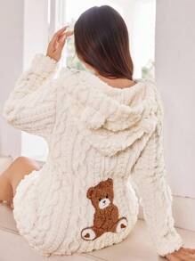 Dream Adore Macacão Peludo com Capuz Bordado em Formato de Urso, Pijama Fofo de Pelúcia Plus Size, Urso de Pelúcia Fofo, Roupa de Dormir Confortável, Outono e Inverno