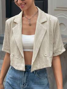 DAZY Blazer corto de unicolor casual para mujer, atuendo de negocios de verano - Beis - Ver 1
