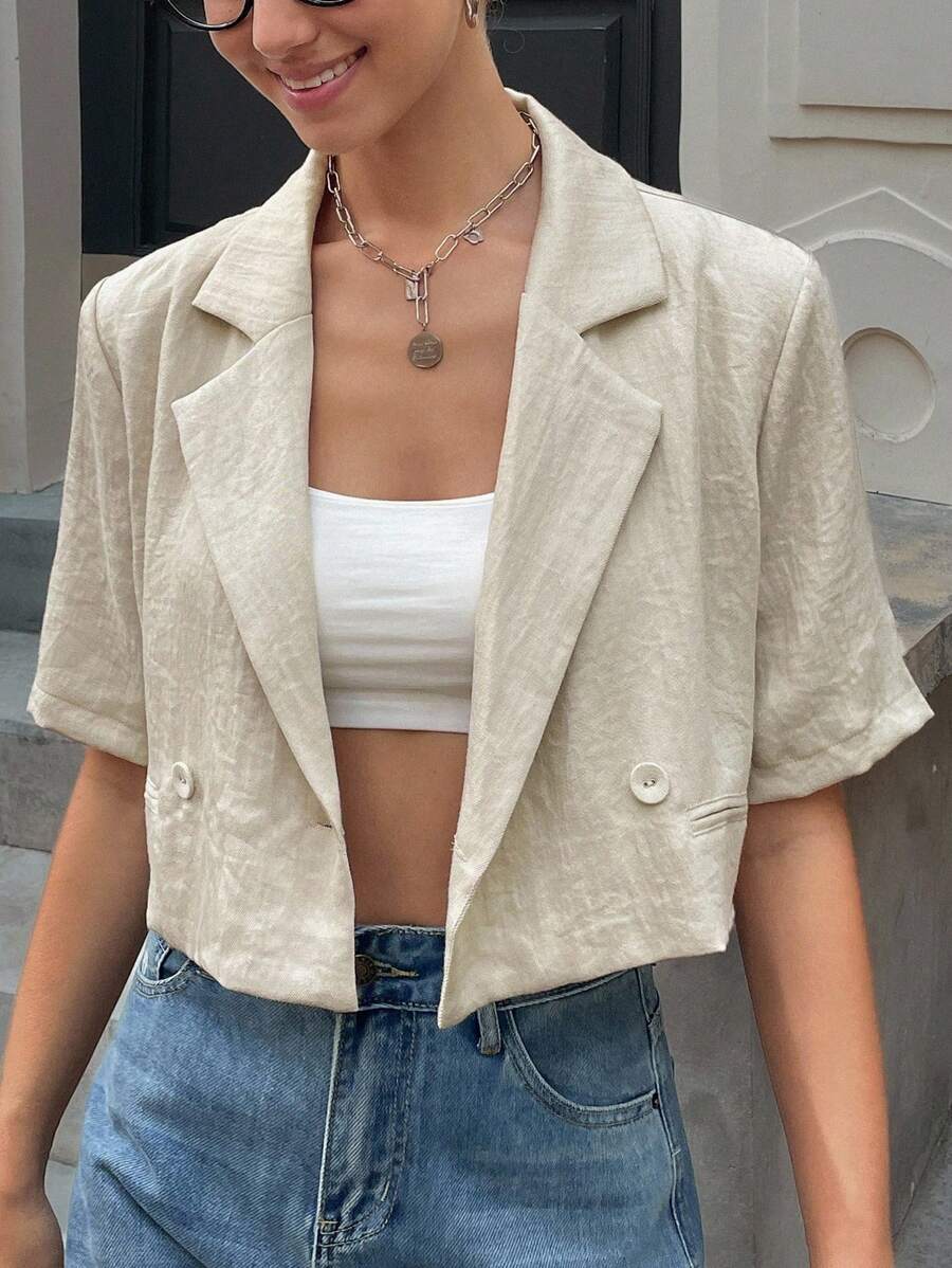 DAZY Blazer corto de unicolor casual para mujer, atuendo de negocios de verano - Beis - Ver 1