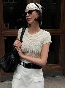 DAZY Blusa de punto de manga corta y unicolor casual para mujer, verano